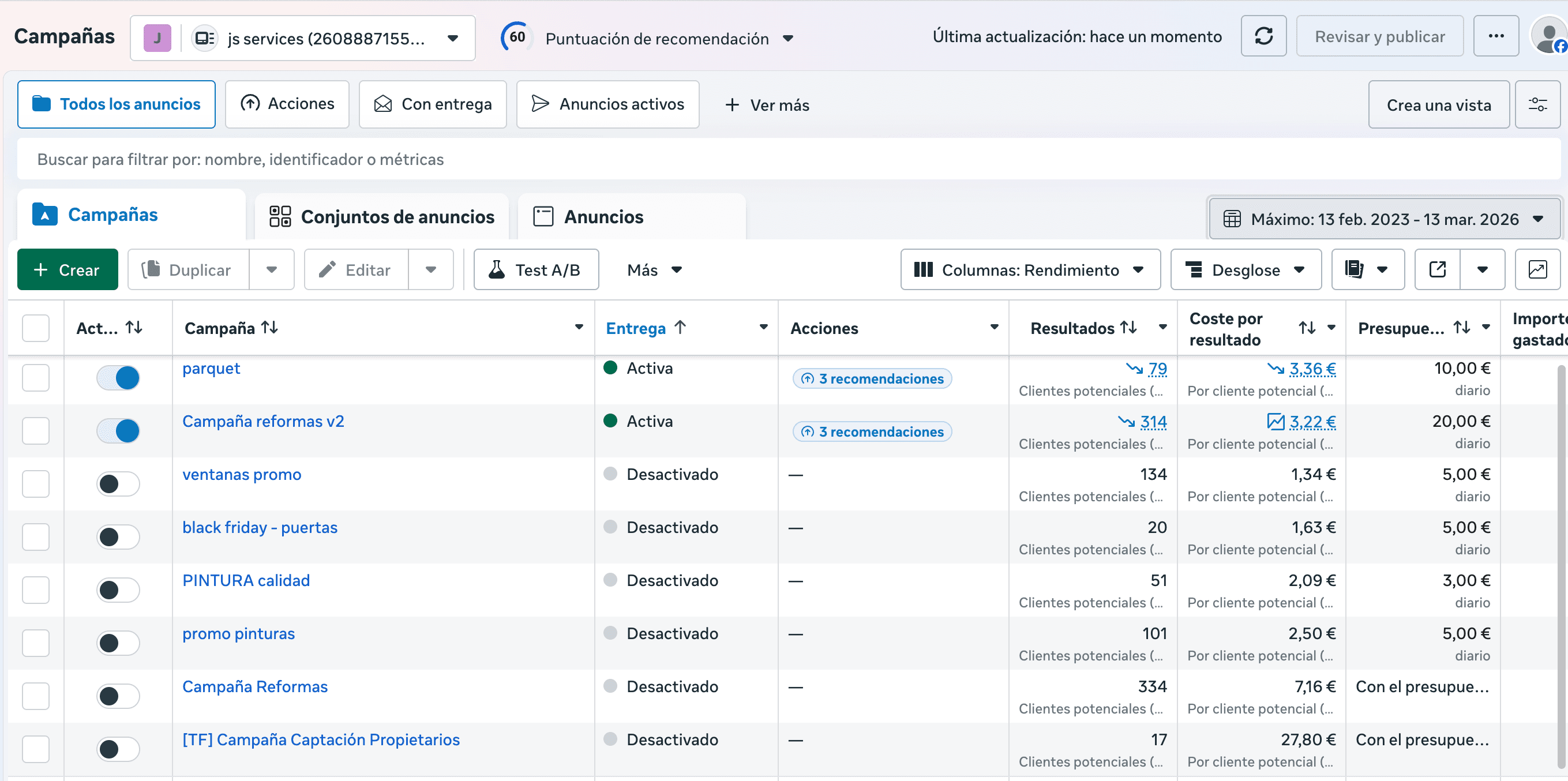 Gráfico de leads JS Services Meta Ads